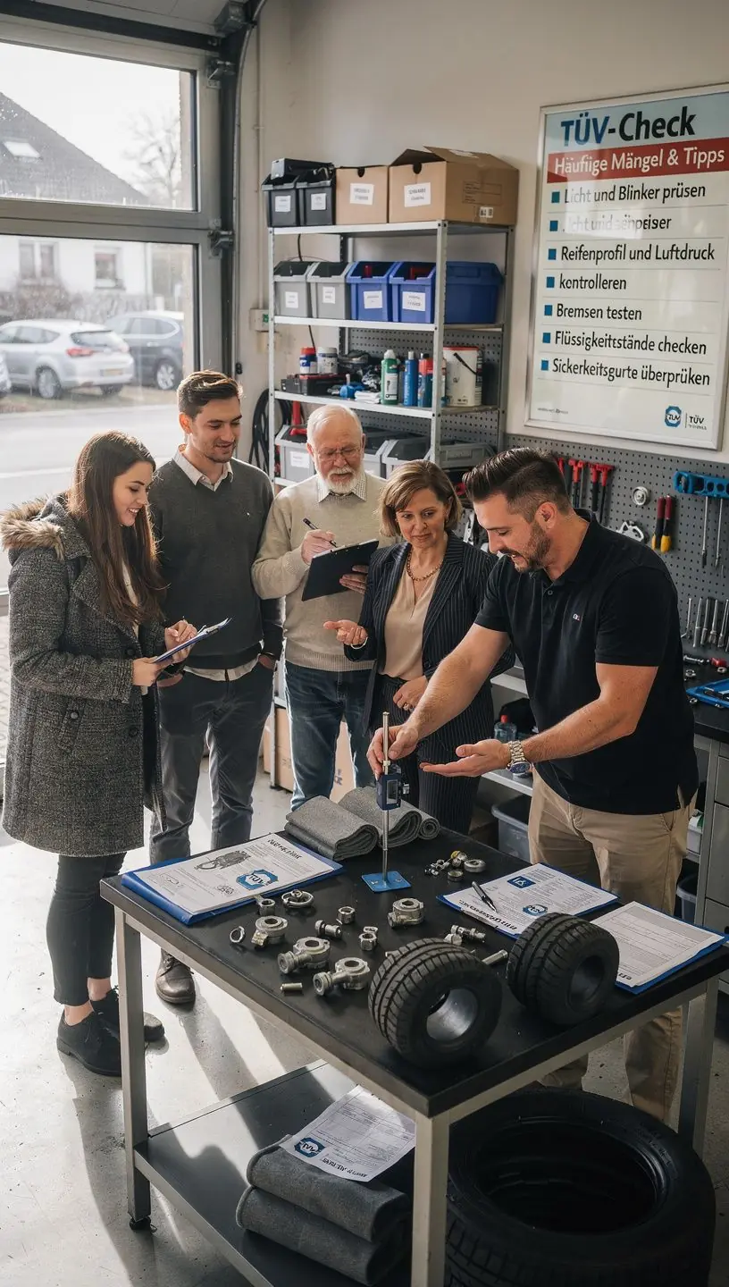 Techniker misst den Reifendruck mit Manometer im Rahmen der TÜV-Vorbereitung.